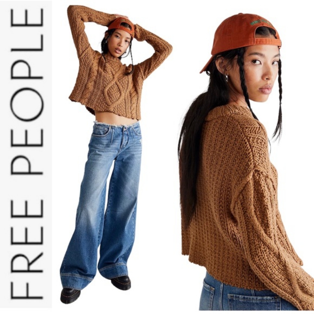 Free People Tan Cable Knit Cropped Sweater
